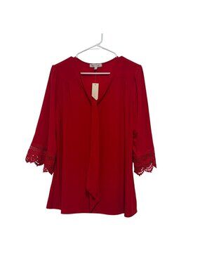 Emma & Olive Red 3/4 Sleeve Tie-Neck Blouse With Crochet Cuffs XL